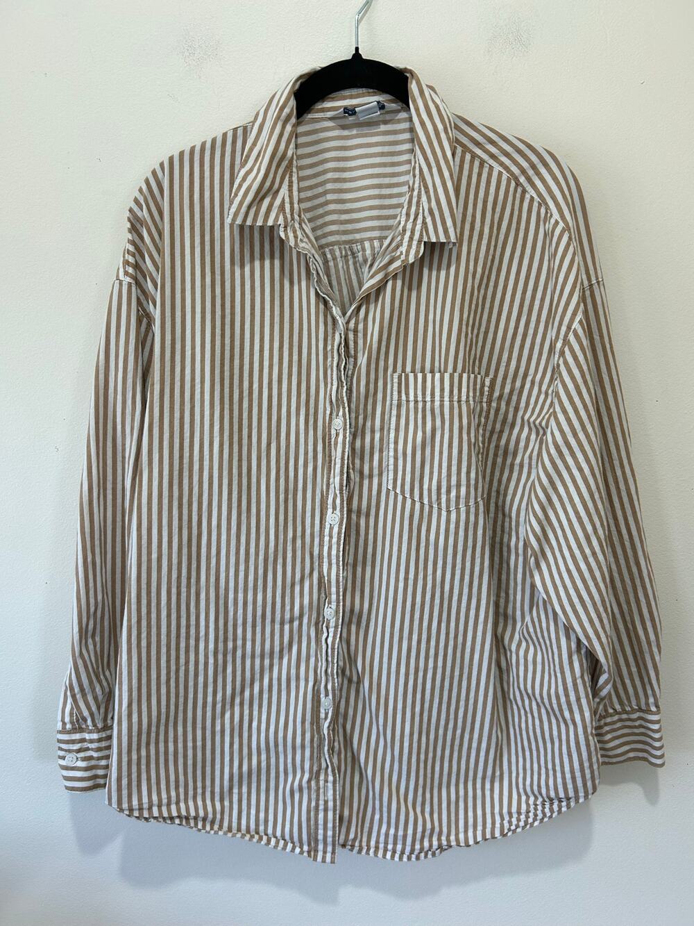 Old Navy The Boyfriend Shirt womens L brown striped button down cotton classic